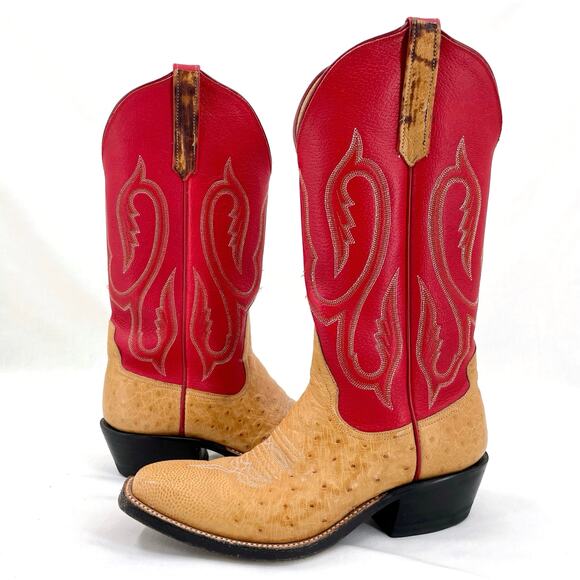 Rios of Mercedes Red Western Ostrich Orange Leather Square Toe Cowboy Boots 7B - Picture 1 of 16